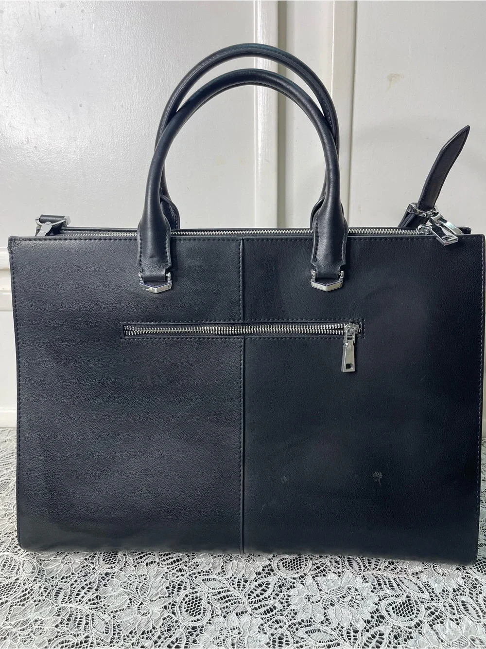 Cluci Black Vegan Leather Laptop Briefcase Shoulder Bag Tote Colorblock Gusset